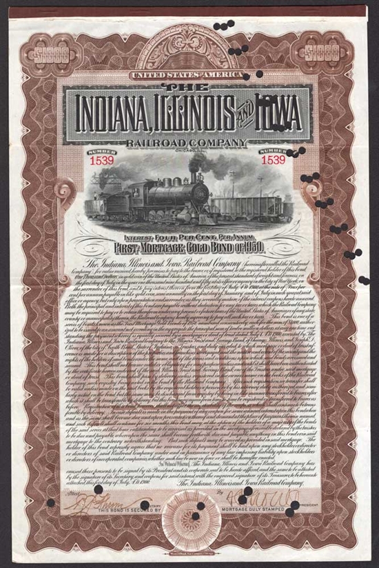 The Indiana, Illinois and Iowa Railroad Company $1,000 Gold Bond