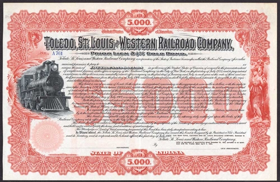 Toledo, St. Louis and Western Railroad Co $5000 Gold Bond