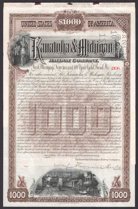 Kanawha & Michigan Railway Co $1000 Gold Bond