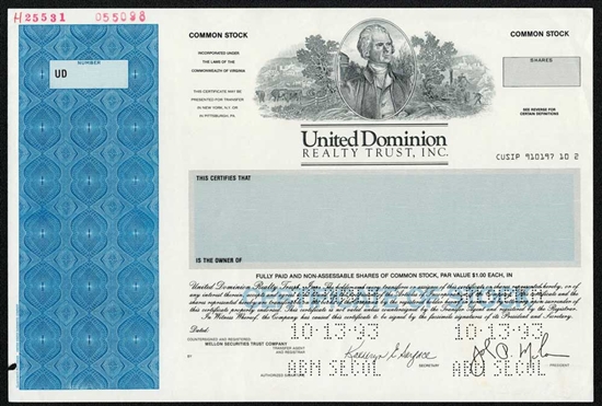 United Dominion Realty Trust Specimen Stock Certificate