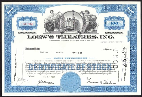 Loew's Theatres, Inc. Stock Certificate