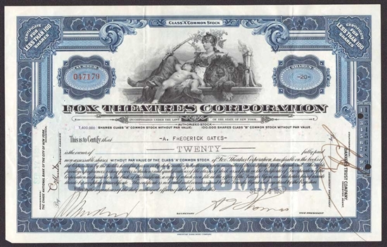 Fox Theatres Corporation Stock Certificate