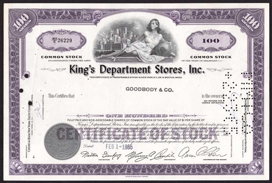 King's Department Stores, Inc. Stock Certificate