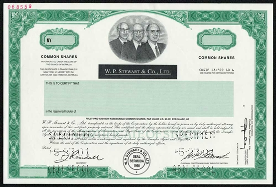 W.P. Stewart & Co., Ltd. Specimen Stock Certificate
