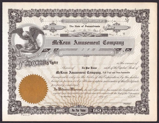 McKean Amusement Company Stock Certificate