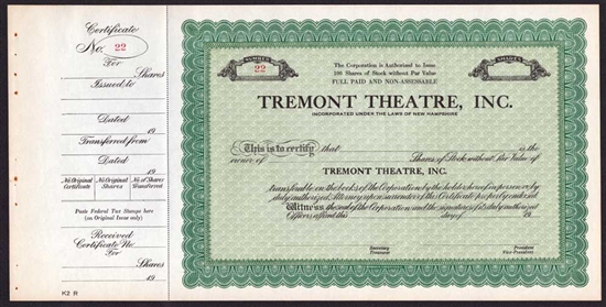Tremont Theatre, Inc. Stock Certificate