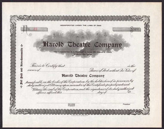 Harold Theatre Company Stock Certificate - Ohio