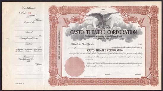 Casto Theatre Corp Stock Certificate - Ohio