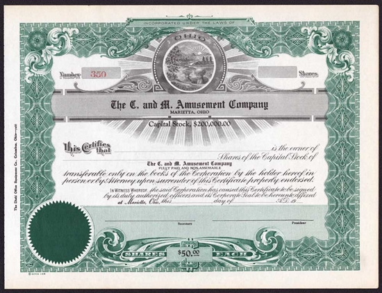 The C. and M. Amusement Company Stock Certificate - Ohio