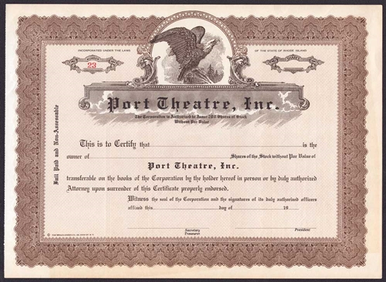Port Theatre, Inc. Stock Certificate - Rhode Island