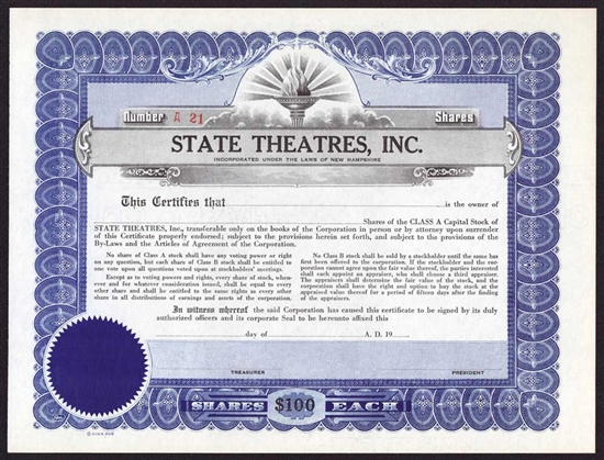State Theatres, Inc. Stock Certificate - New Hampshire