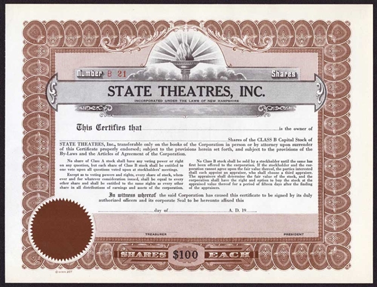 State Theatres, Inc. Stock Certificate - New Hampshire