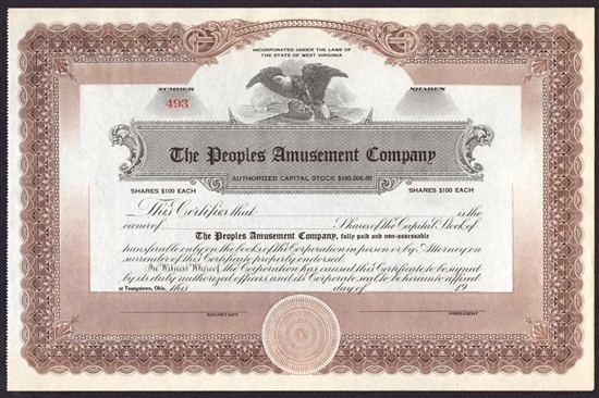 The Peoples Amusement Company Stock Certificate - West Virginia