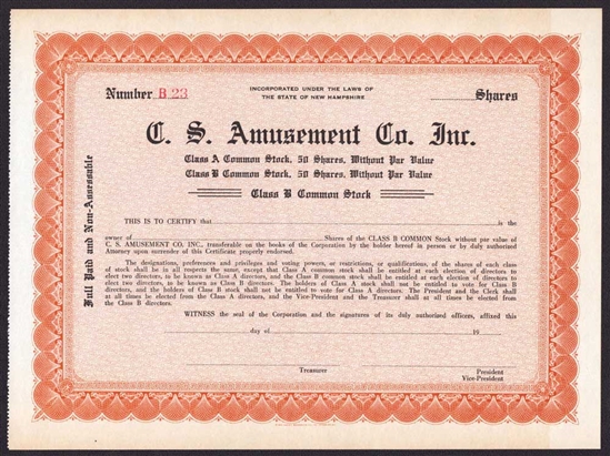 The C.S. Amusement Company Stock Certificate - New Hampshire