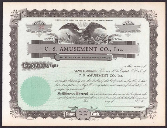 The C.S. Amusement Company Stock Certificate - New Hampshire