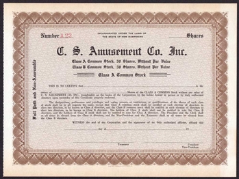 The C.S. Amusement Company Stock Certificate - New Hampshire