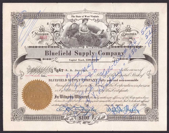 Bluefield Supply Company Stock Certificate - West Virginia