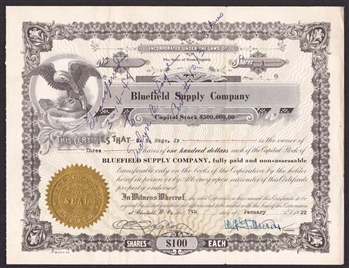 Bluefield Supply Company Stock Certificate - West Virginia