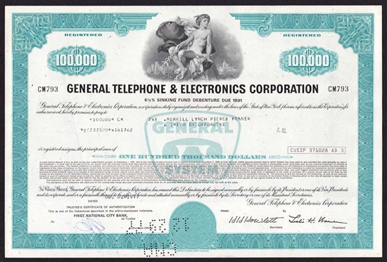General Telephone & Electronics Corp $100,000 Bond - Now Verizon