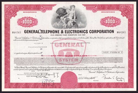 General Telephone & Electronics Corp $1000 Bond