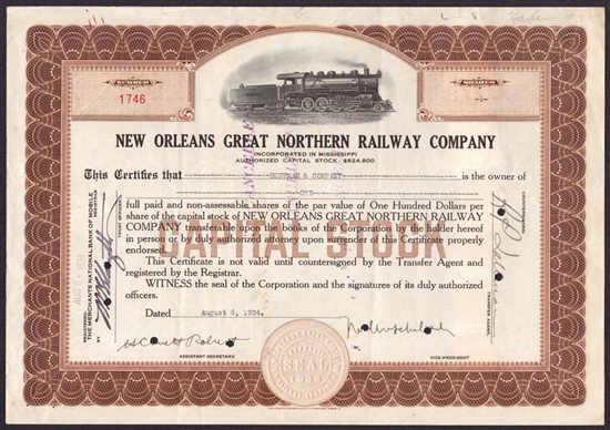 New Orleans Great Northern Railway Company Stock Certificate