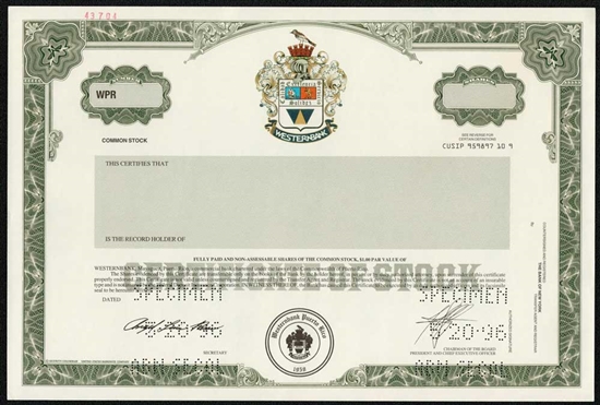 Westernbank Specimen Stock Certificate