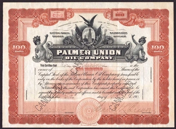 Palmer Union Oil Company Stock Certificate - 1911