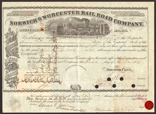 Norwich & Worcester Railroad Company Stock Certificate - 1889