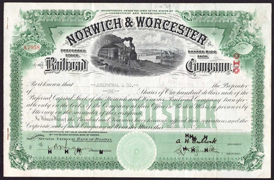 Norwich & Worcester Railroad Company Stock Certificate - 1935