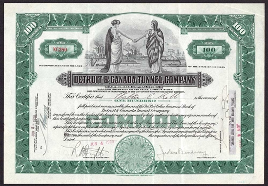 Detroit & Canada Tunnel Company Stock Certificate