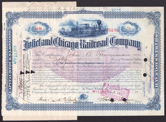 Joliet and Chicago Railroad Company Stock Certificate - 1928