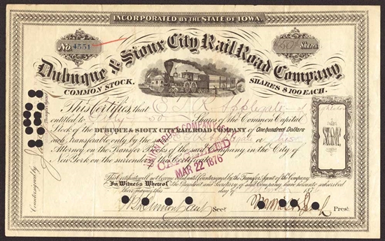 Dubuque & Sioux City Railway Company Stock Certificate - 1876 - Issued to Edward T.R. Applegate