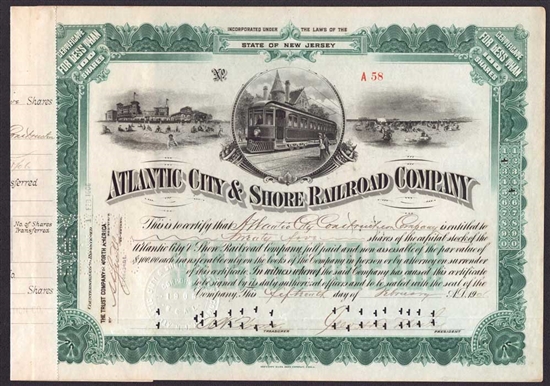 Atlantic City & Shore Railroad Company Stock Certificate - 1906