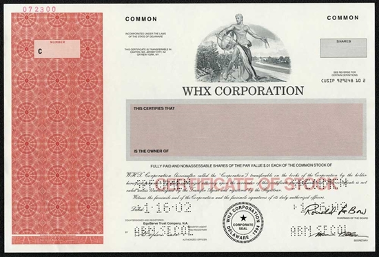 WHX Corp Specimen Stock Certificate