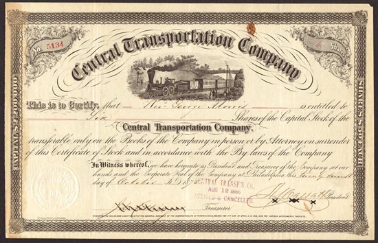 Central Transportation Company Stock Certificate - 1875