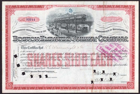 Boston Elevated Railways Company Stock Certificate- 1913