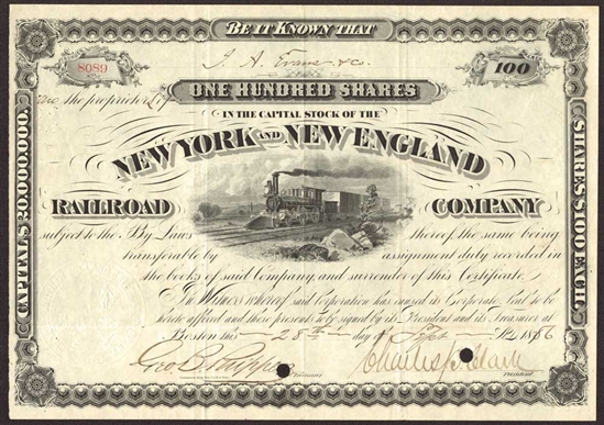 New York and New England Railroad Company Stock Certificate