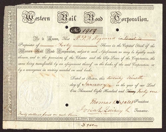 Western Rail Road Corporation Stock Certificate - 1841