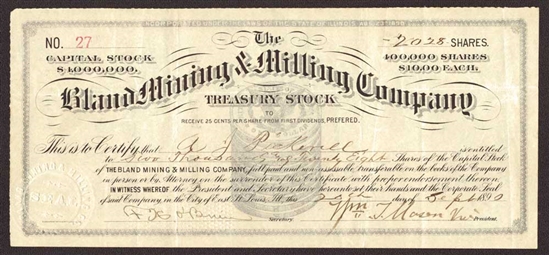 The Bland Mining & Milling Company Treasury Stock - 1890
