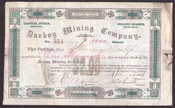 Darboy Mining Company Stock Certificate  - 1886 - Territory of Dakota