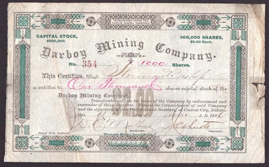 Darboy Mining Company Stock Certificate  - 1886 - Territory of Dakota