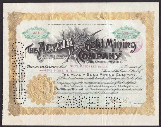 The Acacia Gold Mining Company Stock Certificate - 1899