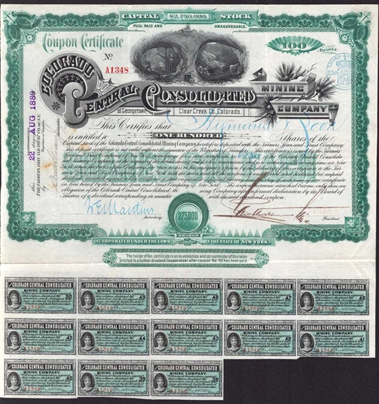 Colorado Central Consolidated Mining Company of Georgetown Stock Certificate - 1889