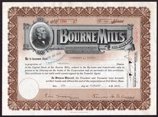 Bourne Mills Stock Certificate - 1945