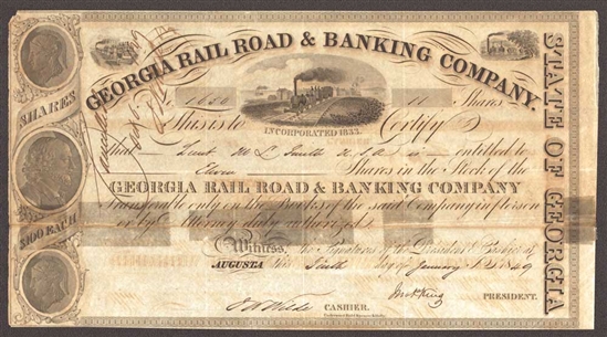 Georgia Rail Road & Banking Company Stock Certificate - 1849