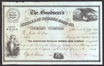The Goodyear's Metallic Rubber Shoe Company Stock Certificate - 1876