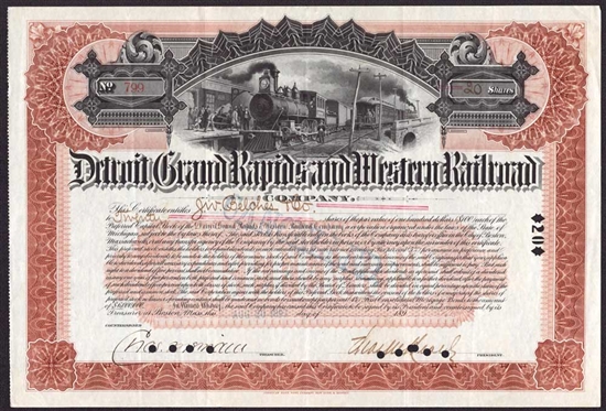 Detroit, Grand Rapids and Western Railroad Company Stock Certificate - 1897