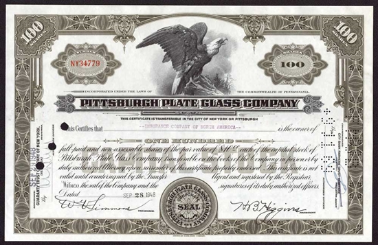 Pittsburgh Plate Glass Company  Stock Certificate - 1948
