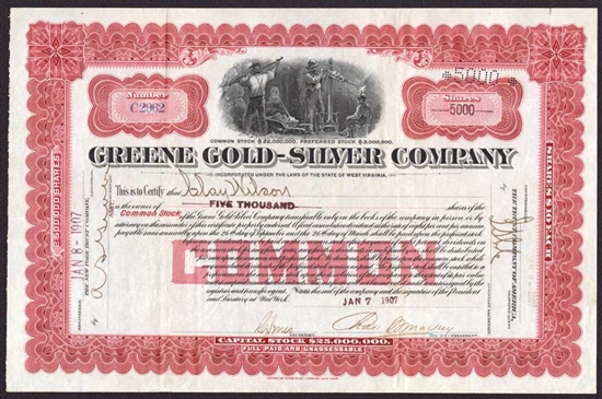 Greene Gold-Silver Company Stock Certificate