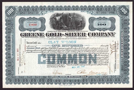 Greene Gold-Silver Company Stock Certificate - 1906